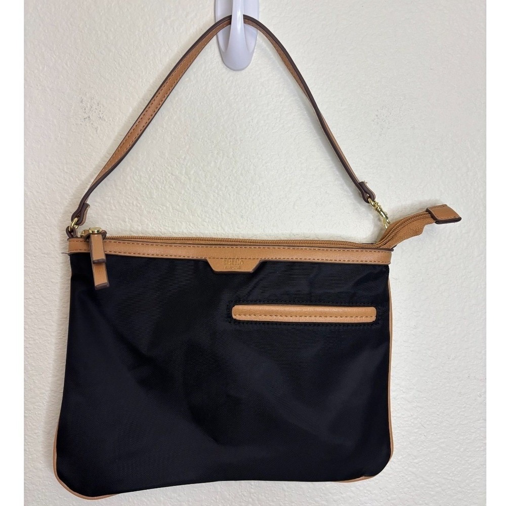 Tutilo New York Black Nylon Crossbody Bag Tan Trim Gold Hardware Slim EUC